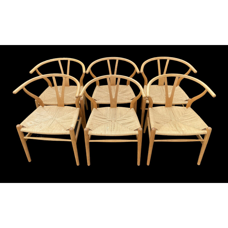 Juego de 6 sillas Wishbone vintage de madera de Hans Wegner para Carl Hanson