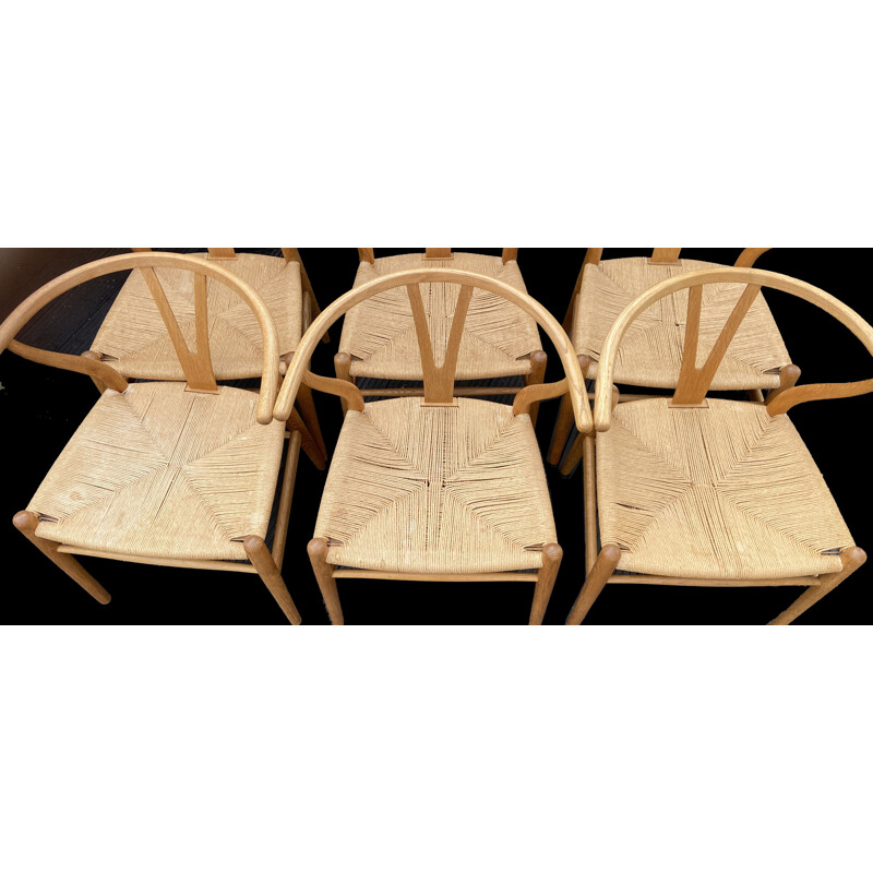 Juego de 6 sillas Wishbone vintage de madera de Hans Wegner para Carl Hanson