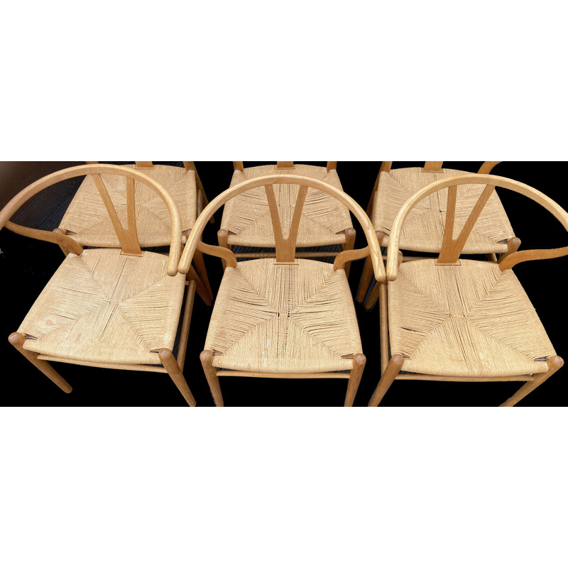 Conjunto de 6 cadeiras Wishbone vintage em madeira de Hans Wegner para Carl Hanson