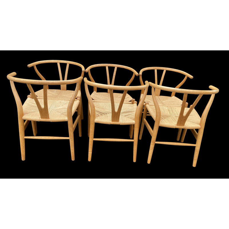 Conjunto de 6 cadeiras Wishbone vintage em madeira de Hans Wegner para Carl Hanson