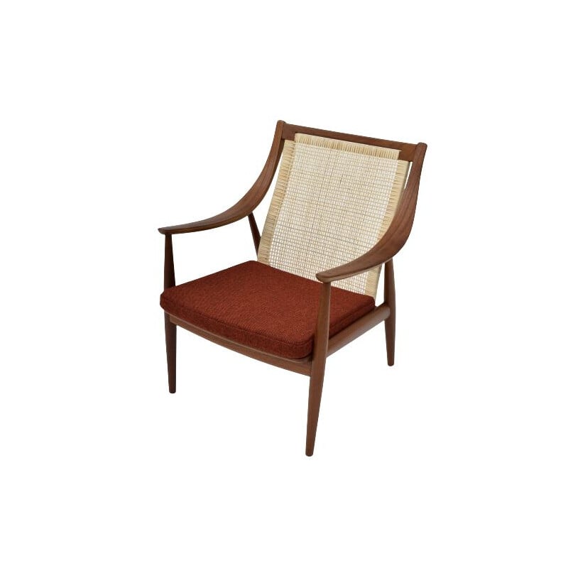 Vintage model 147 teak & rattan lounge chair by Peter Hvidt & Orla Molgaard Nielsen, Denmark 1950s