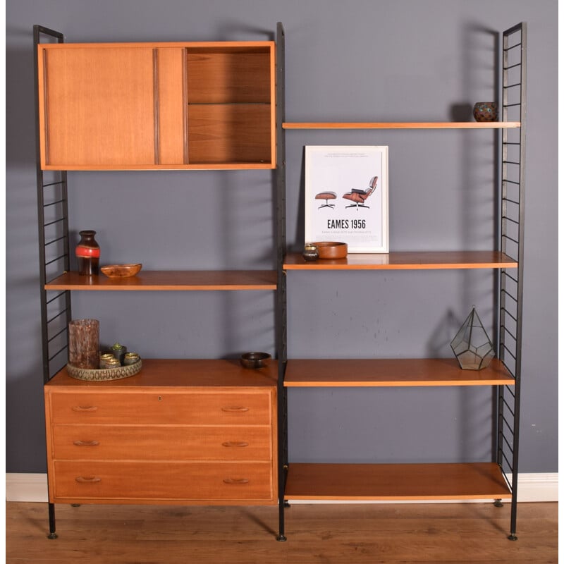 Mid century Ladderax teak 2 bay shelving wall system by Robert Heal for Staples of Cricklewood, London 1960s