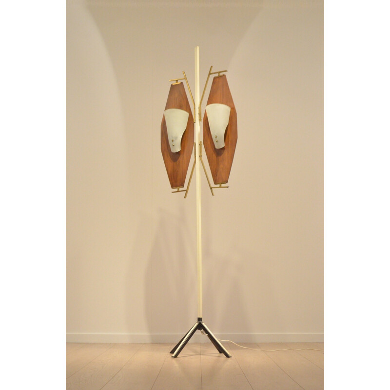 Italian Stilnovo floor lamp in teak and opaline glass - 1950s