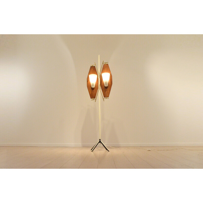 Italian Stilnovo floor lamp in teak and opaline glass - 1950s