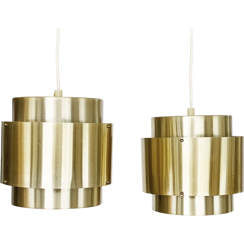 Pair of vintage pendant lamps in brushed golden aluminum, Sweden 1960s