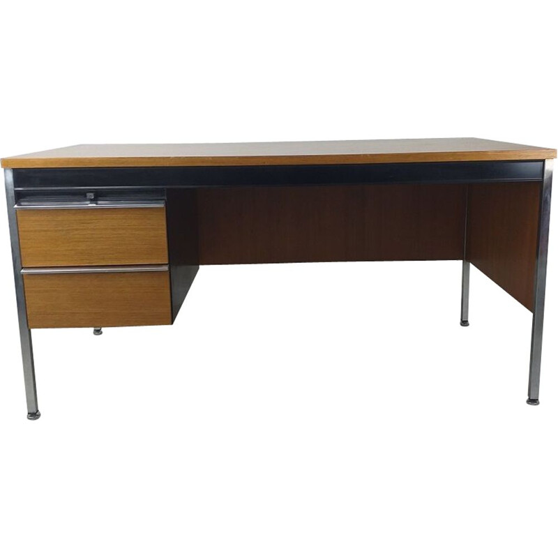 Vintage modernist oakwood and metal executive desk, 1970