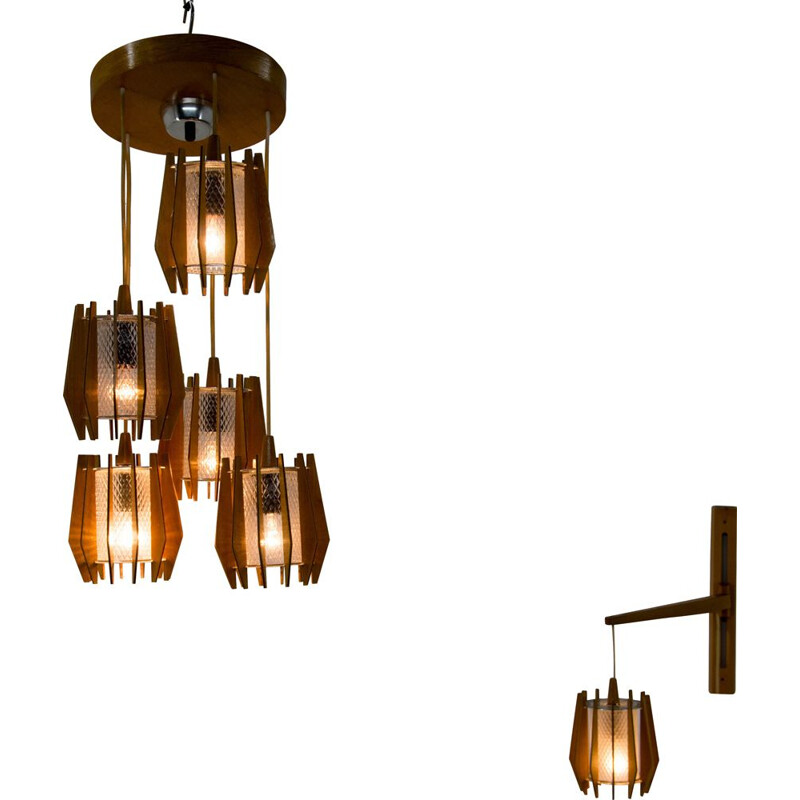 Vintage glass and wood chandelier and sconce set by Drevo Humpolec, Czech 1970