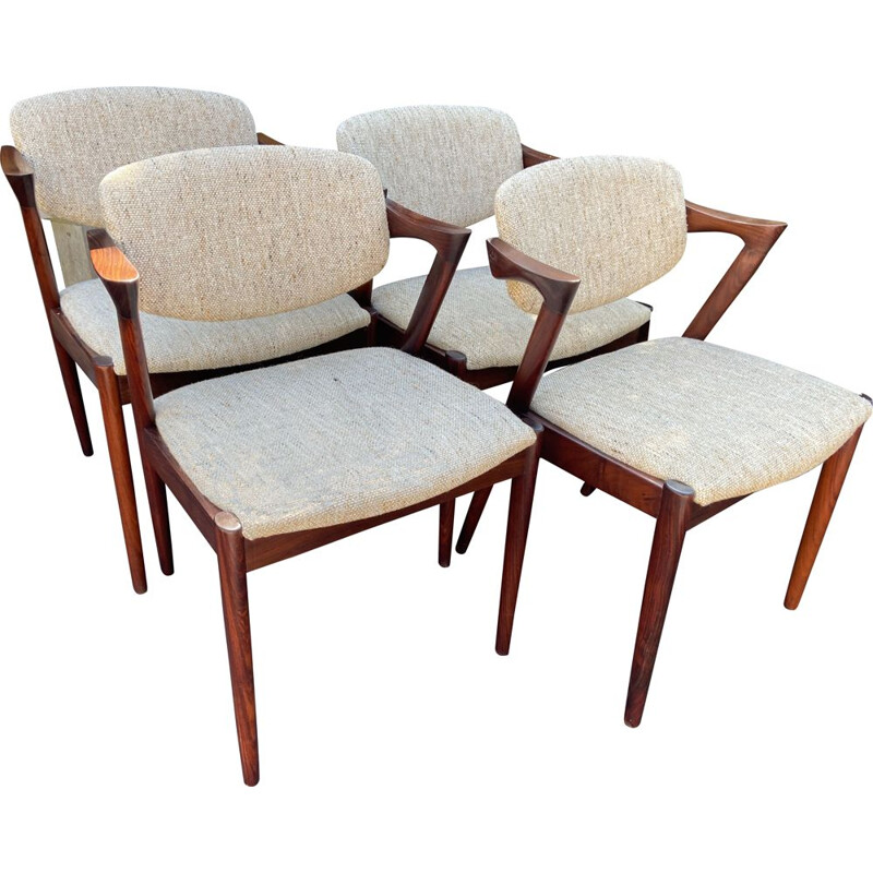 Conjunto de 4 sillones vintage modelo 42 en madera de palisandro y tela de lana de Kai Kristiansen