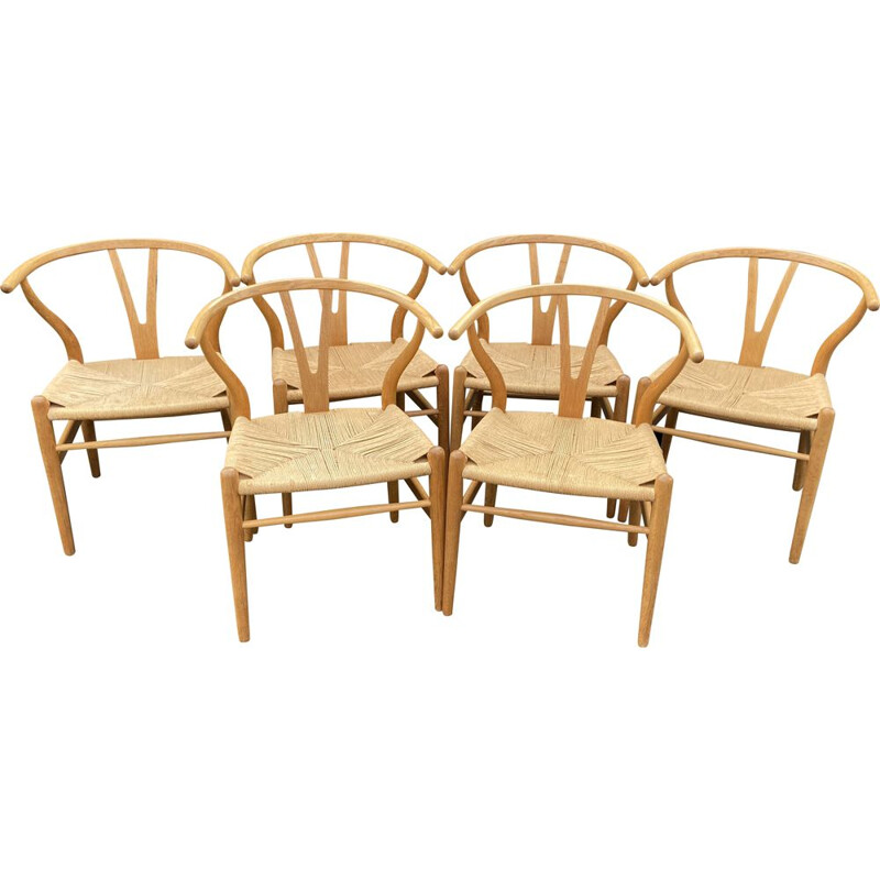 Conjunto de 6 cadeiras Wishbone vintage em madeira de Hans Wegner para Carl Hanson