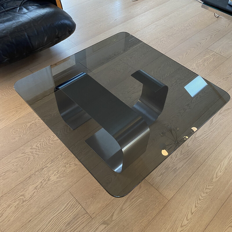 Vintage coffee table in smoked glass and stainless steel by François Monnet, 1970s