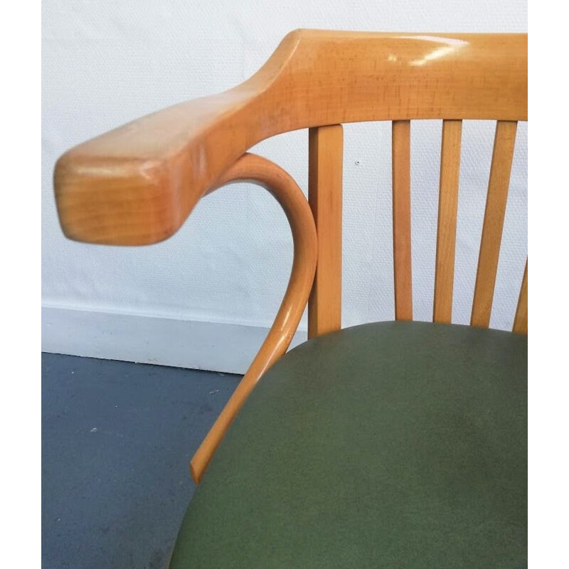 Chaise de bureau vintage en bois de hêtre et cuir vert par Baumann, 1960