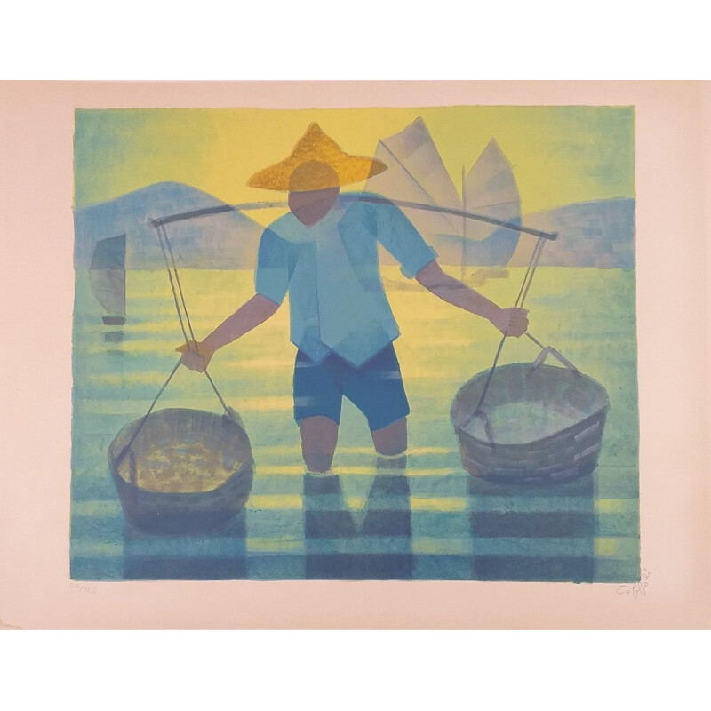 Original vintage lithograph "Rice field" by Toffoli