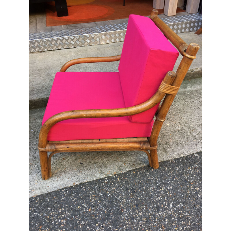 Living room set in rattan and pink fabric - 1970s