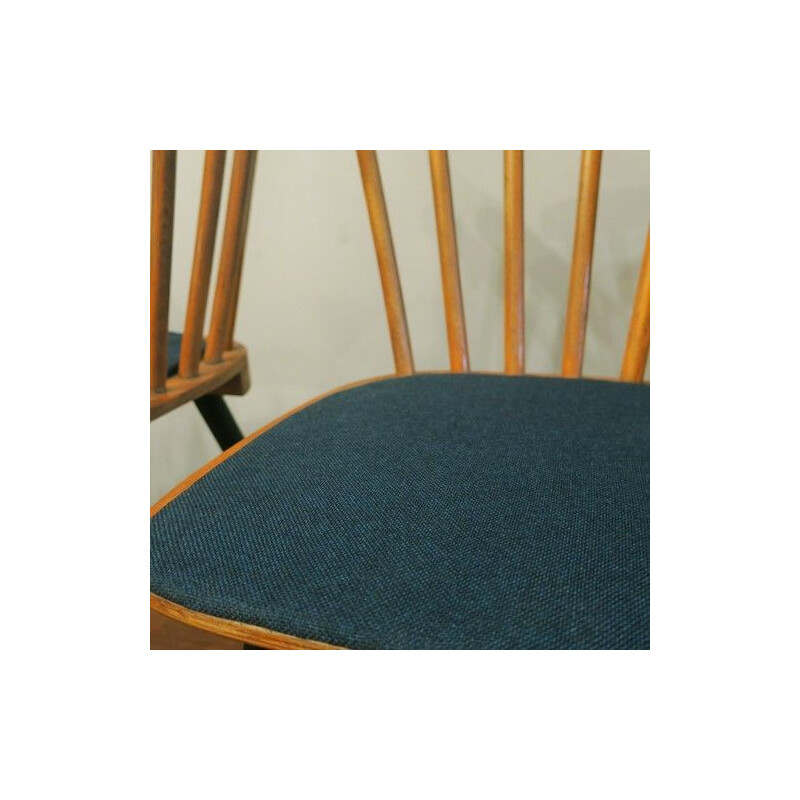 Set of 4 vintage stick back dining chairs with petrol blue covers, 1950s