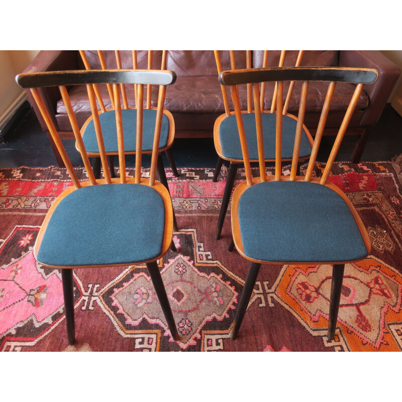 Ensemble de 4 chaises vintage avec dossier à bâton et housses bleu pétrole, 1950