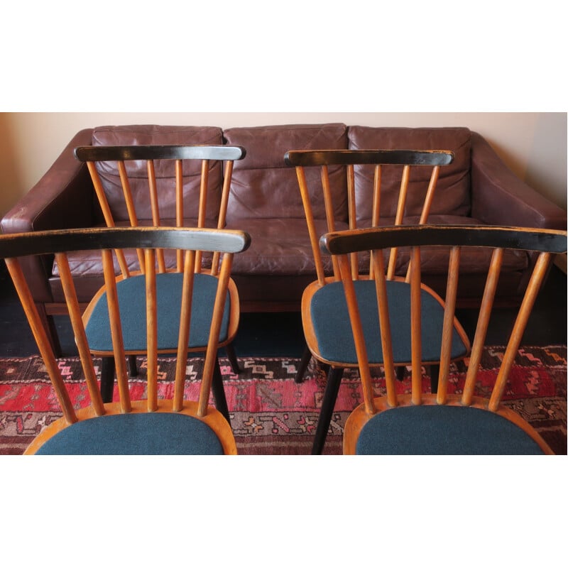 Set of 4 vintage stick back dining chairs with petrol blue covers, 1950s