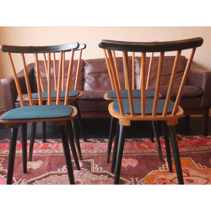Ensemble de 4 chaises vintage avec dossier à bâton et housses bleu pétrole, 1950