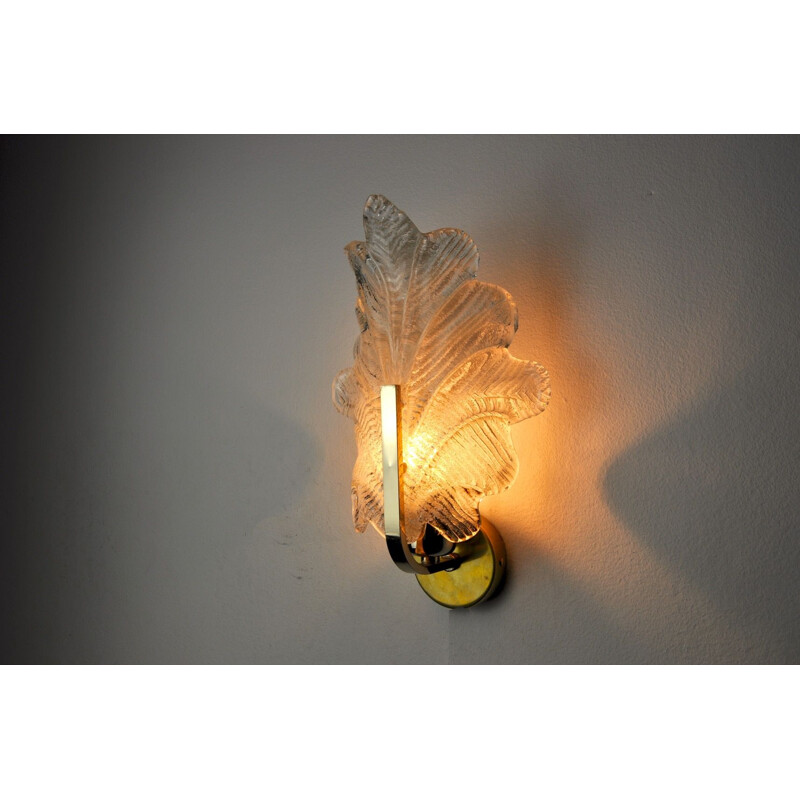 Vintage frosted glass wall lamp in the shape of a leaf by Carl Fagerlund for Lyfa, Austria 1970