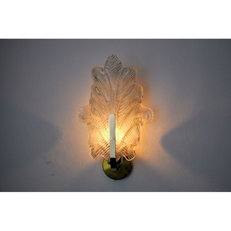 Vintage frosted glass wall lamp in the shape of a leaf by Carl Fagerlund for Lyfa, Austria 1970