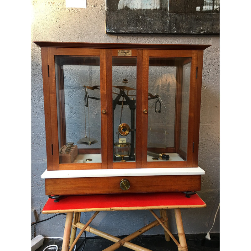 Vintage mahogany and brass laboratory balance, France 1930