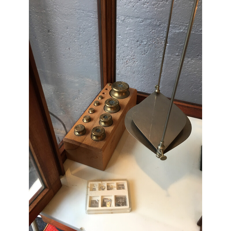 Vintage mahogany and brass laboratory balance, France 1930