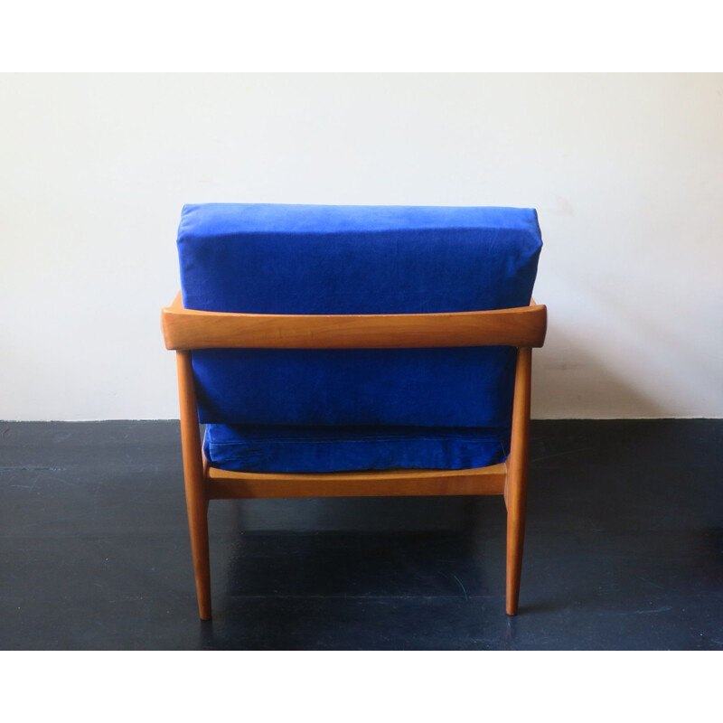Mid century blue velvet armchair with curved back & sprung cushions, 1960s