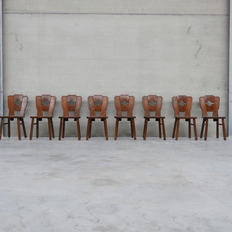 Set of 8 vintage wooden Dutch dining chairs, 1960s