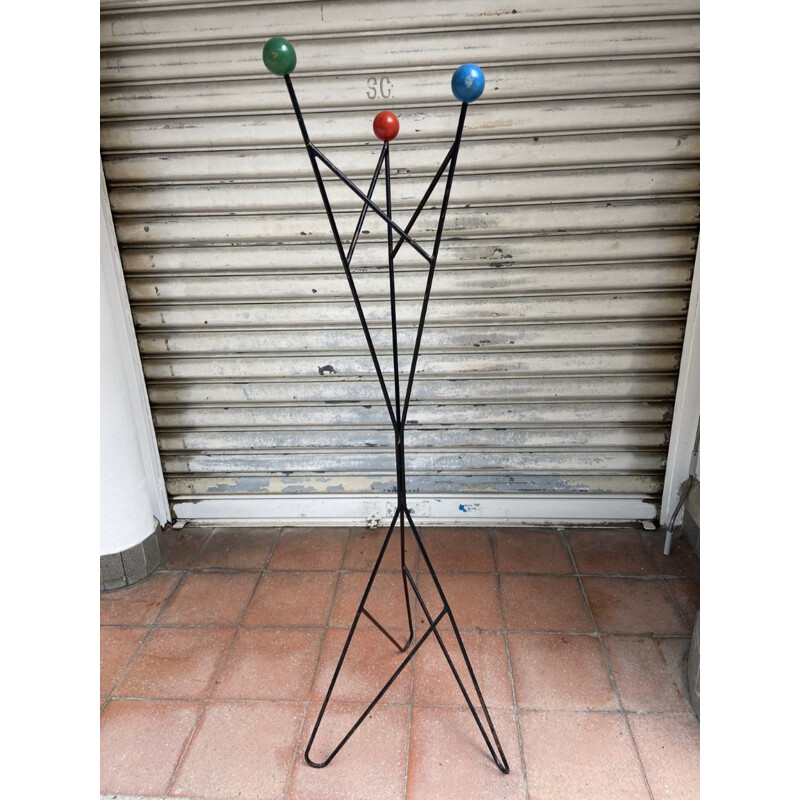 Vintage French coat rack in black lacquered metal, 1960