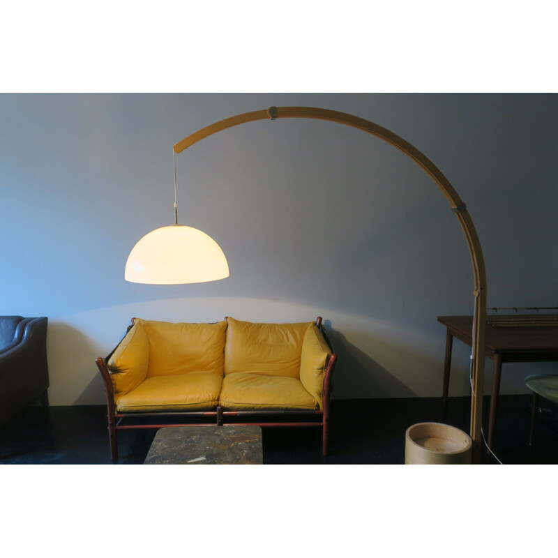 Mid century Scandinavian wood and brass arc floor lamp