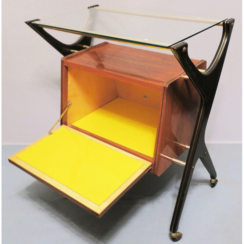 Vintage bar trolley with illuminated yellow interior, Italy 1950