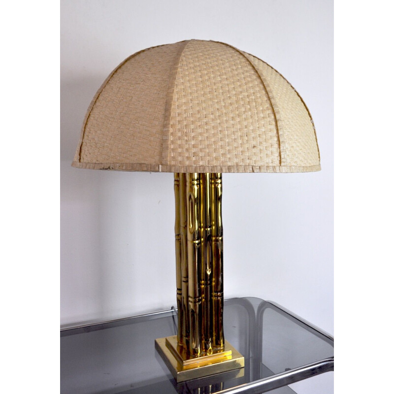 Vintage-Lampe aus Messing und Rattan, Frankreich 1970