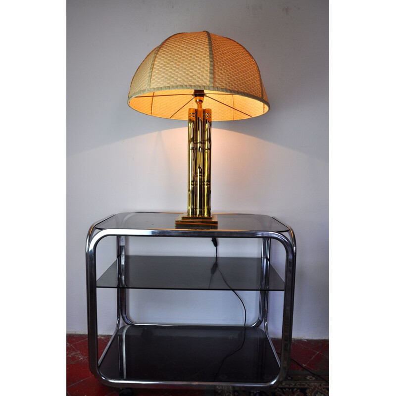 Lampe vintage en laiton et rotin, France 1970