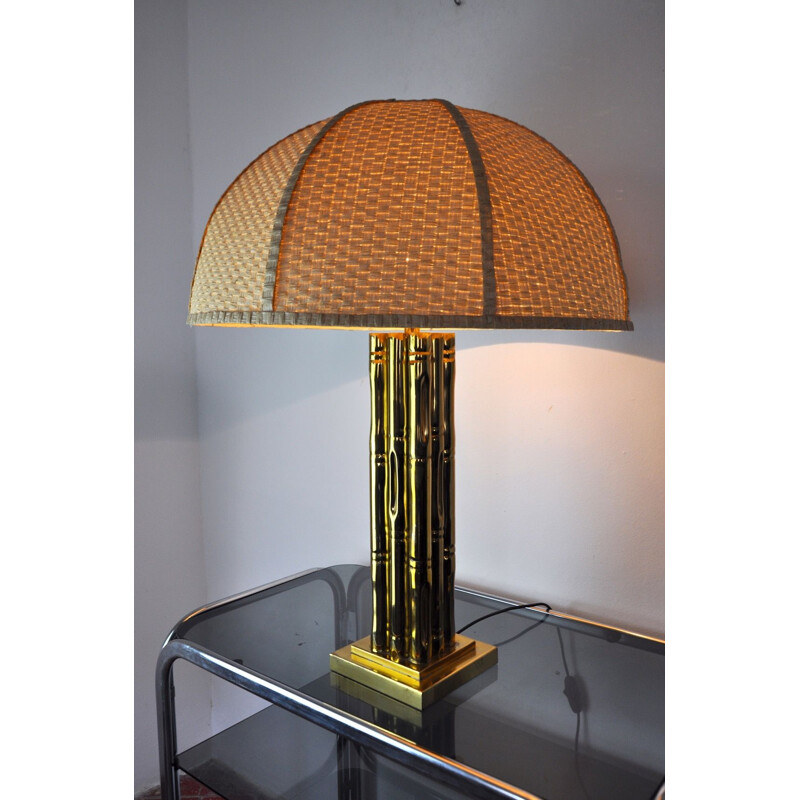 Vintage brass and rattan lamp, France 1970