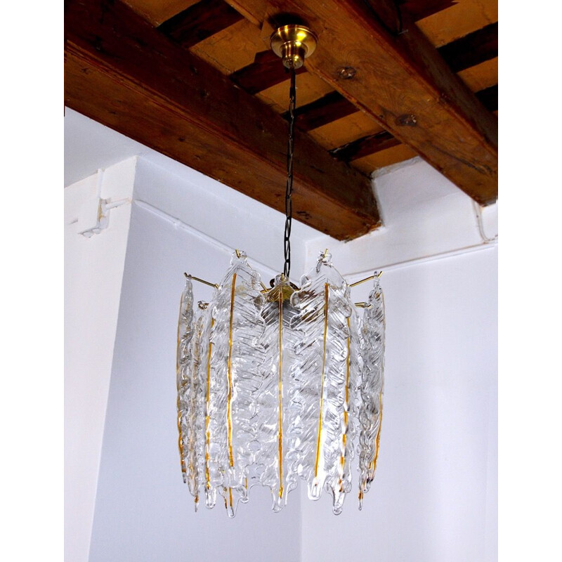 Vintage frosted murano glass chandelier, Italy 1970