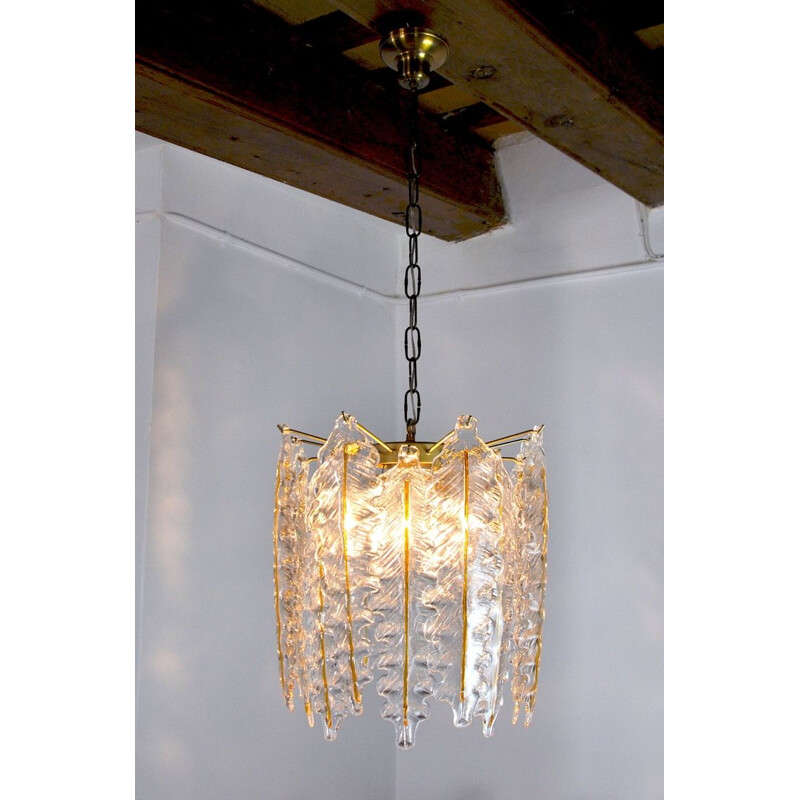 Vintage frosted murano glass chandelier, Italy 1970