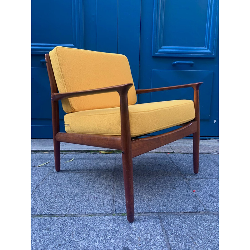 Vintage Danish armchair in teak and yellow fabric by Grete Jalk, 1970