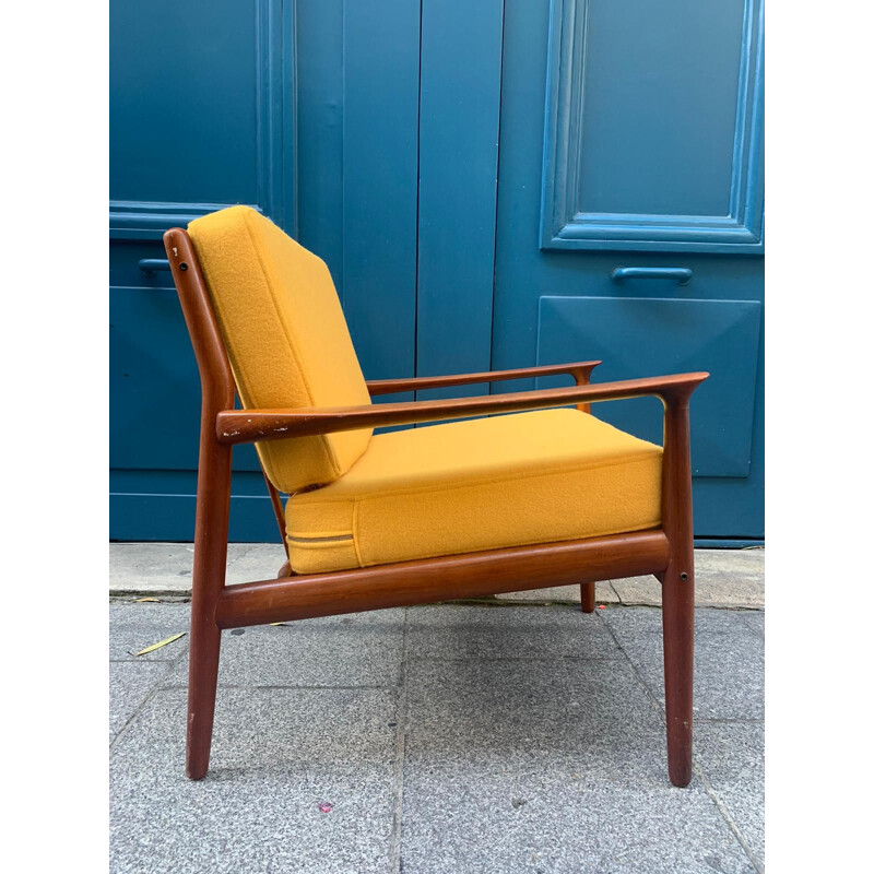 Vintage Danish armchair in teak and yellow fabric by Grete Jalk, 1970