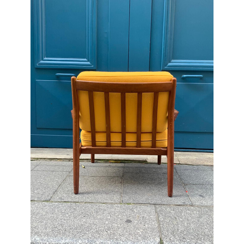 Fauteuil danois vintage en teck et tissu jaune de Grete Jalk, 1970