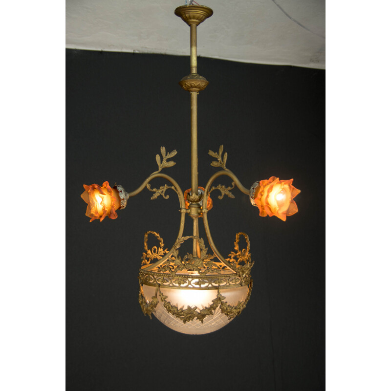 Art Nouveau vintage brass chandelier, France 1930s