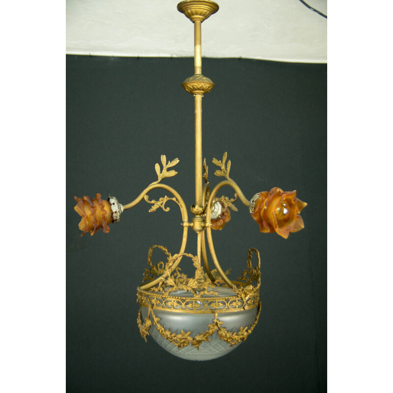 Art Nouveau vintage brass chandelier, France 1930s