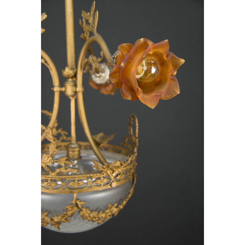 Art Nouveau vintage brass chandelier, France 1930s