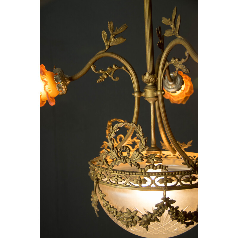 Art Nouveau vintage brass chandelier, France 1930s