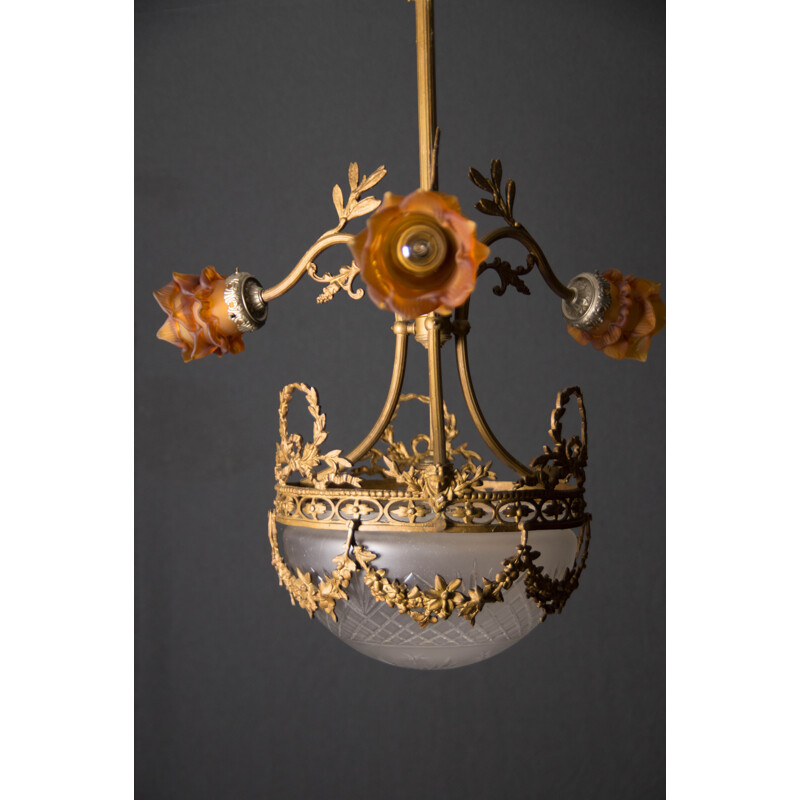 Art Nouveau vintage brass chandelier, France 1930s