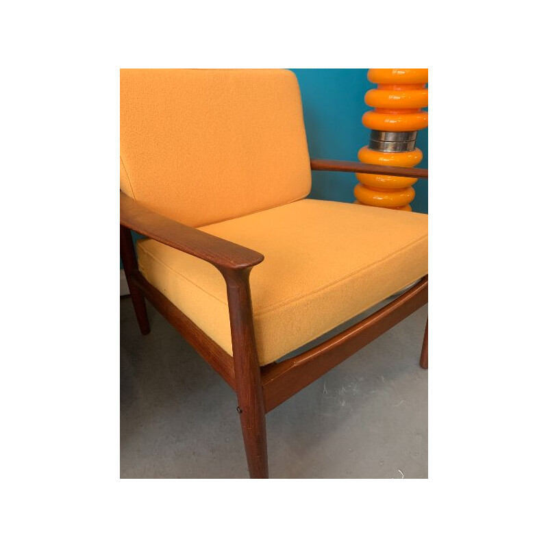 Fauteuil danois vintage en teck et tissu jaune de Grete Jalk, 1970