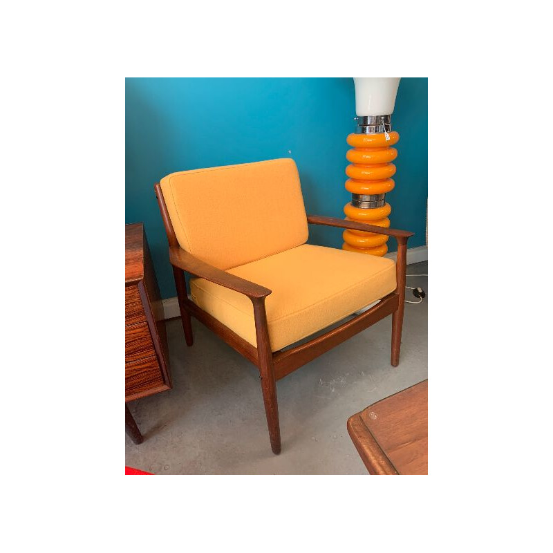 Vintage Danish armchair in teak and yellow fabric by Grete Jalk, 1970