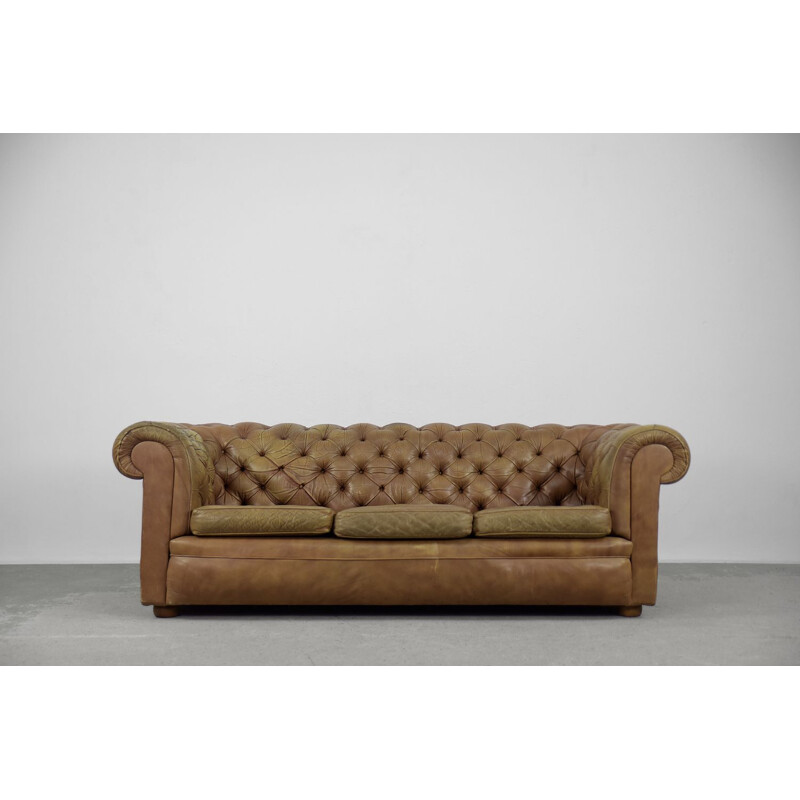 Mid century brown leather Chesterfield sofa, 1970s