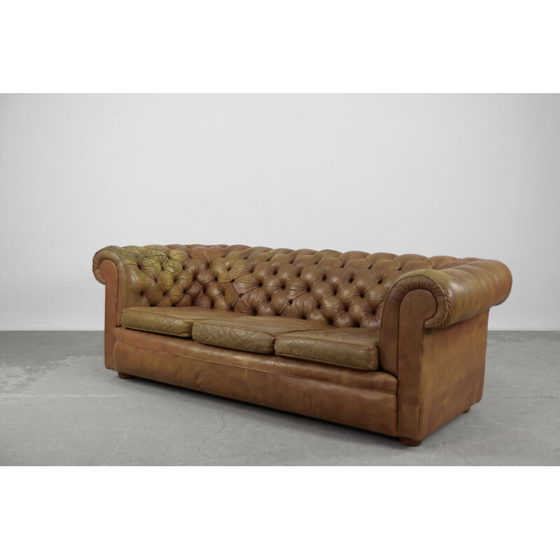 Mid century brown leather Chesterfield sofa, 1970s