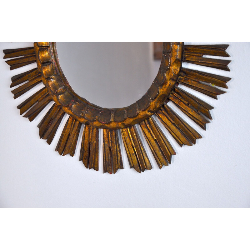 Vintage gilded wood sun mirror, France 1960