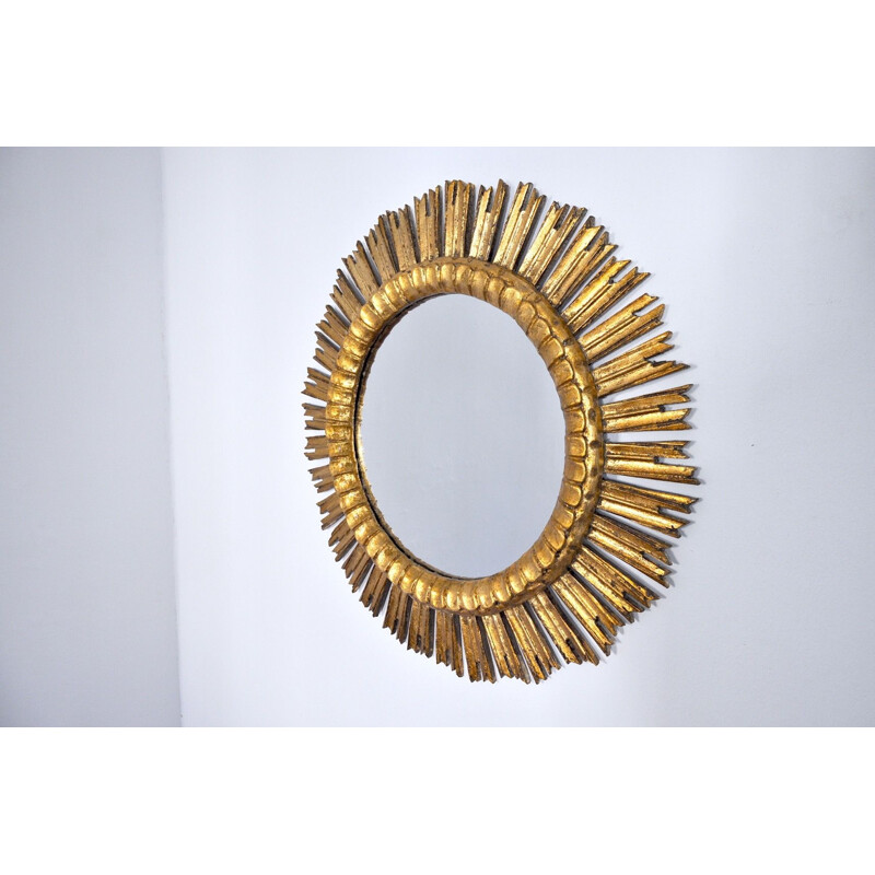 Mid century sun mirror in golden wood, 1950