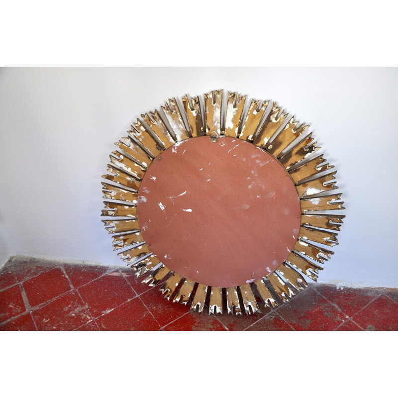 Mid century sun mirror in golden wood, 1950